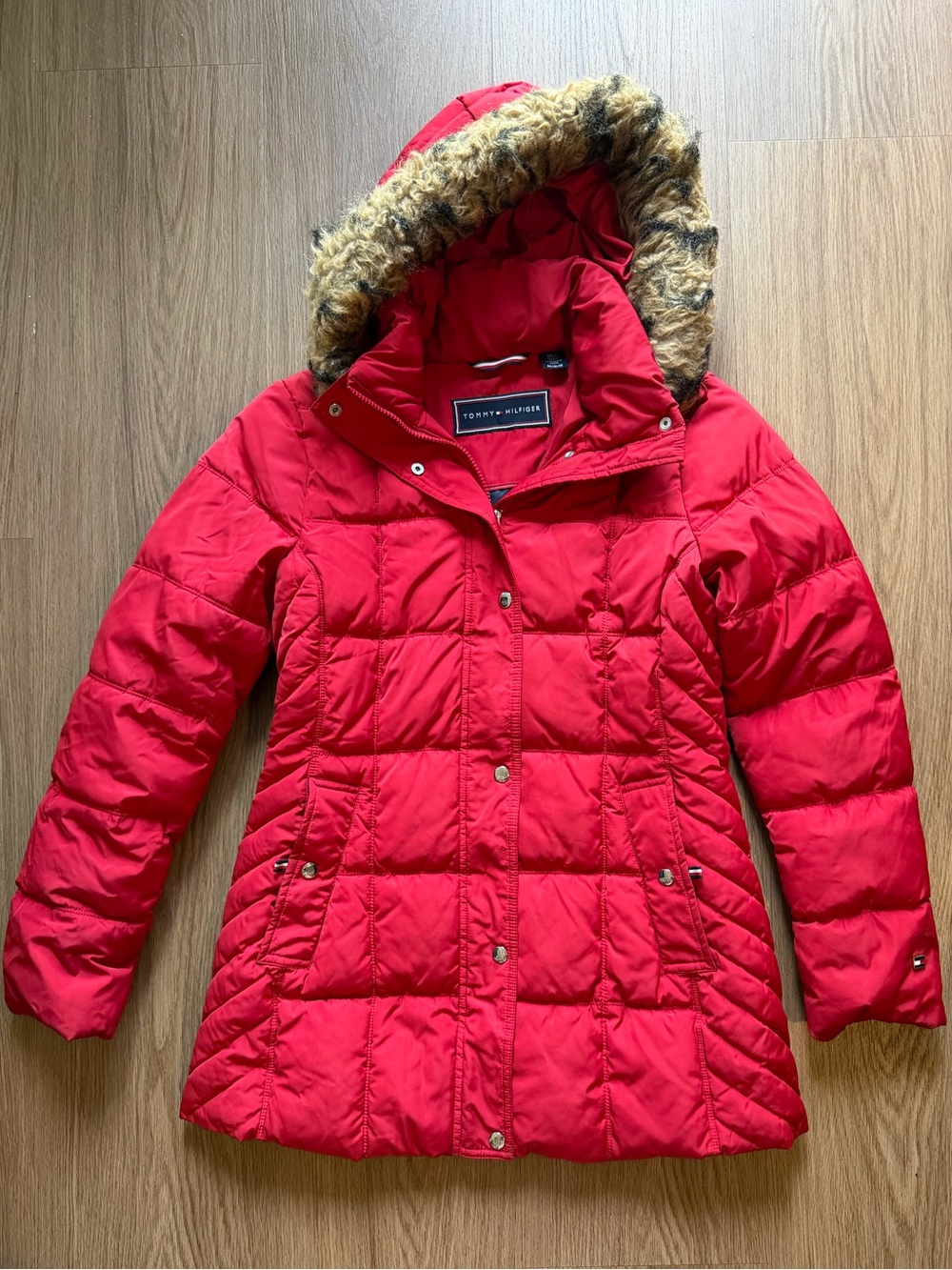 Tommy Hilfiger Women’s Medium Red Puffer Coat Faux Fur Hood Winter Jacket